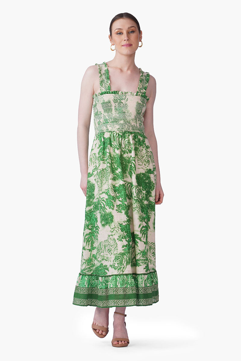 Green Forest Safari Print Smocked Long Dress