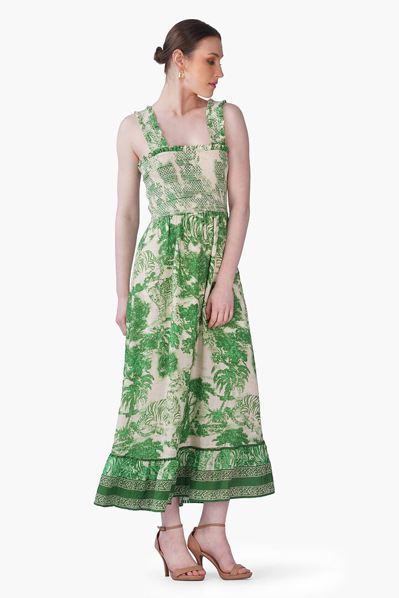 Green Forest Safari Print Smocked Long Dress
