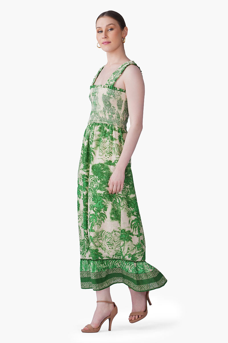 Green Forest Safari Print Smocked Long Dress