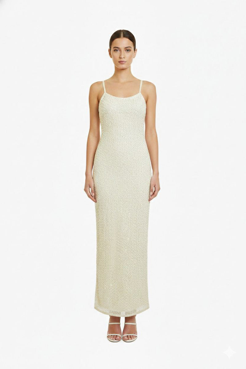 Silver Pearl Luxe Long Dress With Lining | View 1