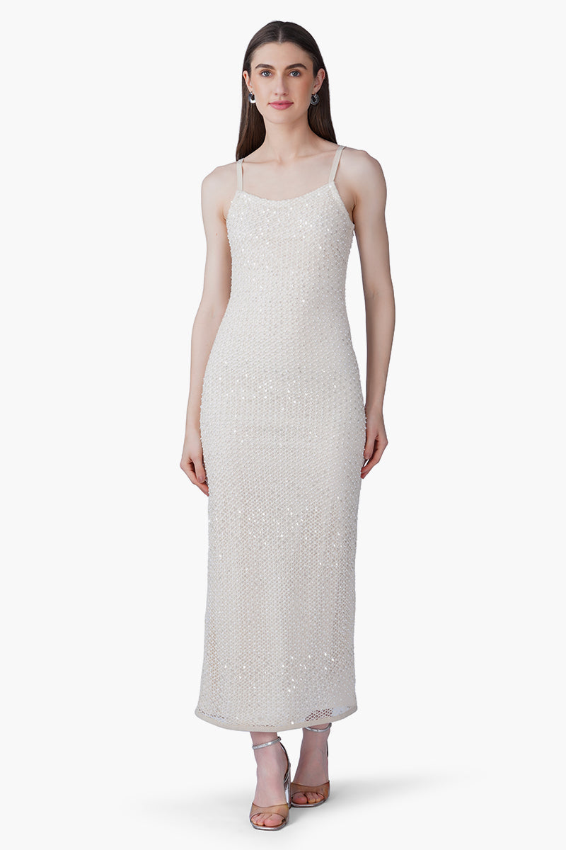 Silver Pearl Luxe Long Dress With Lining