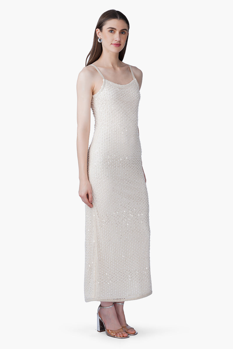 Silver Pearl Luxe Long Dress With Lining | View 3