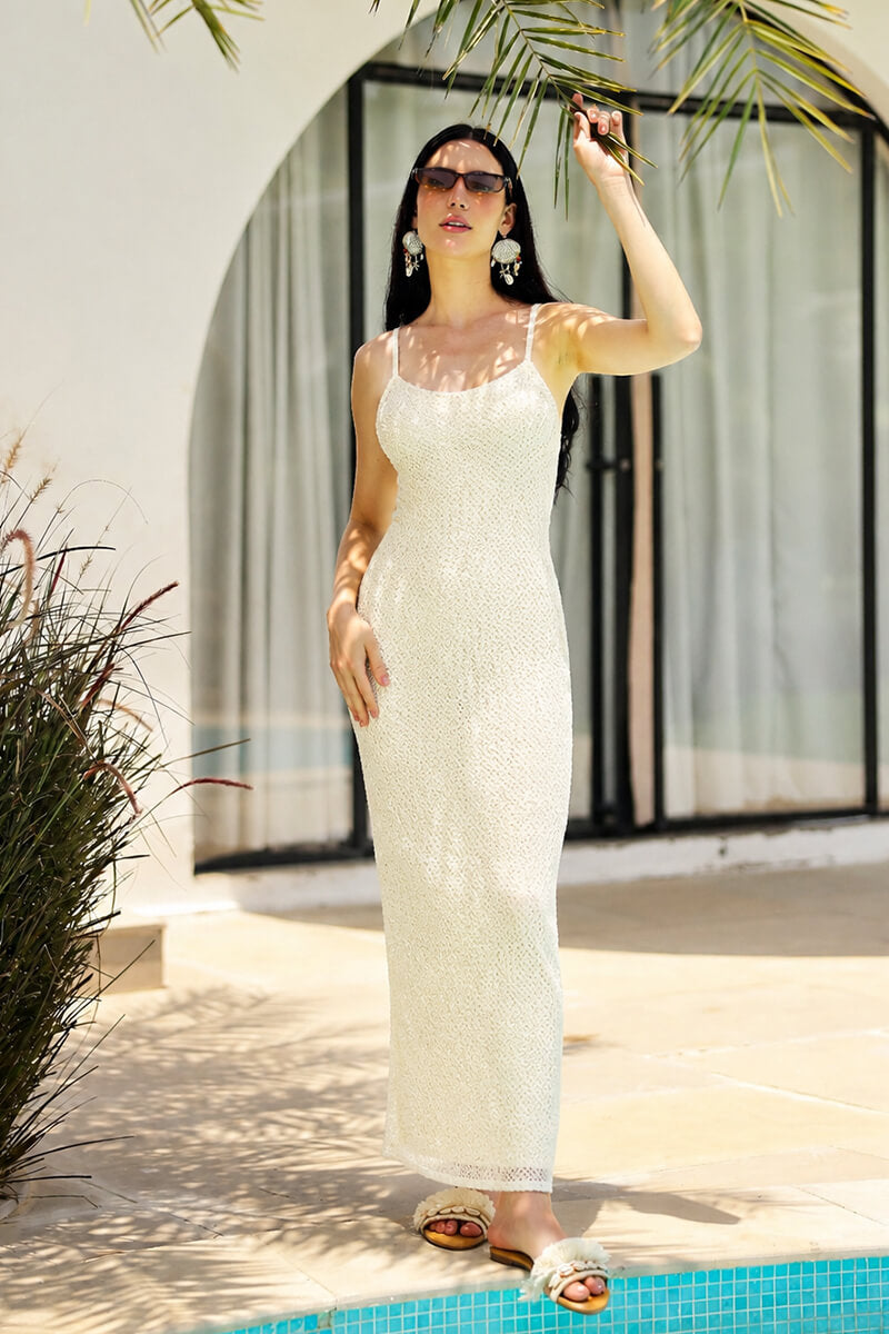 Silver Pearl Luxe Long Dress With Lining | view 1