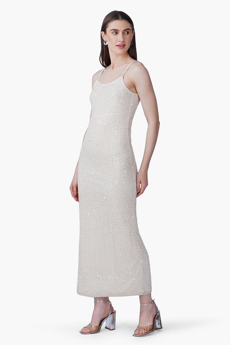 Silver Pearl Luxe Long Dress With Lining | View 4