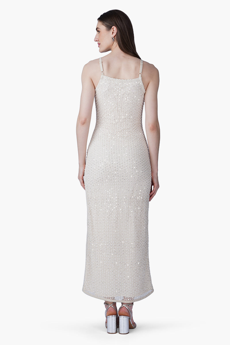 Silver Pearl Luxe Long Dress With Lining