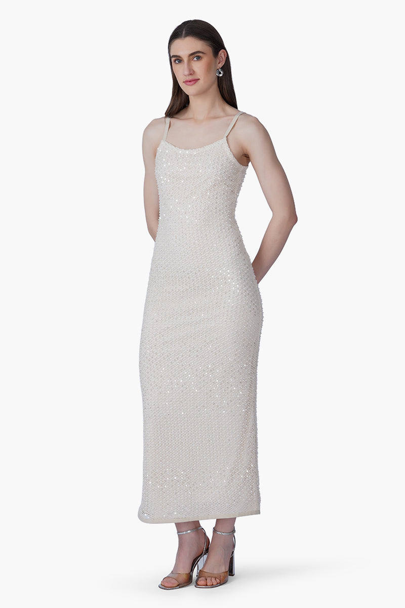 Silver Pearl Luxe Long Dress With Lining | View 7