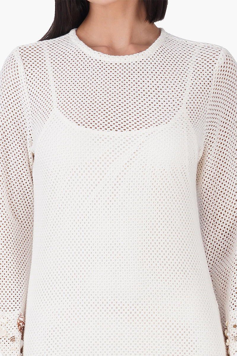 White Shell Embellished Couture Crochet Dress