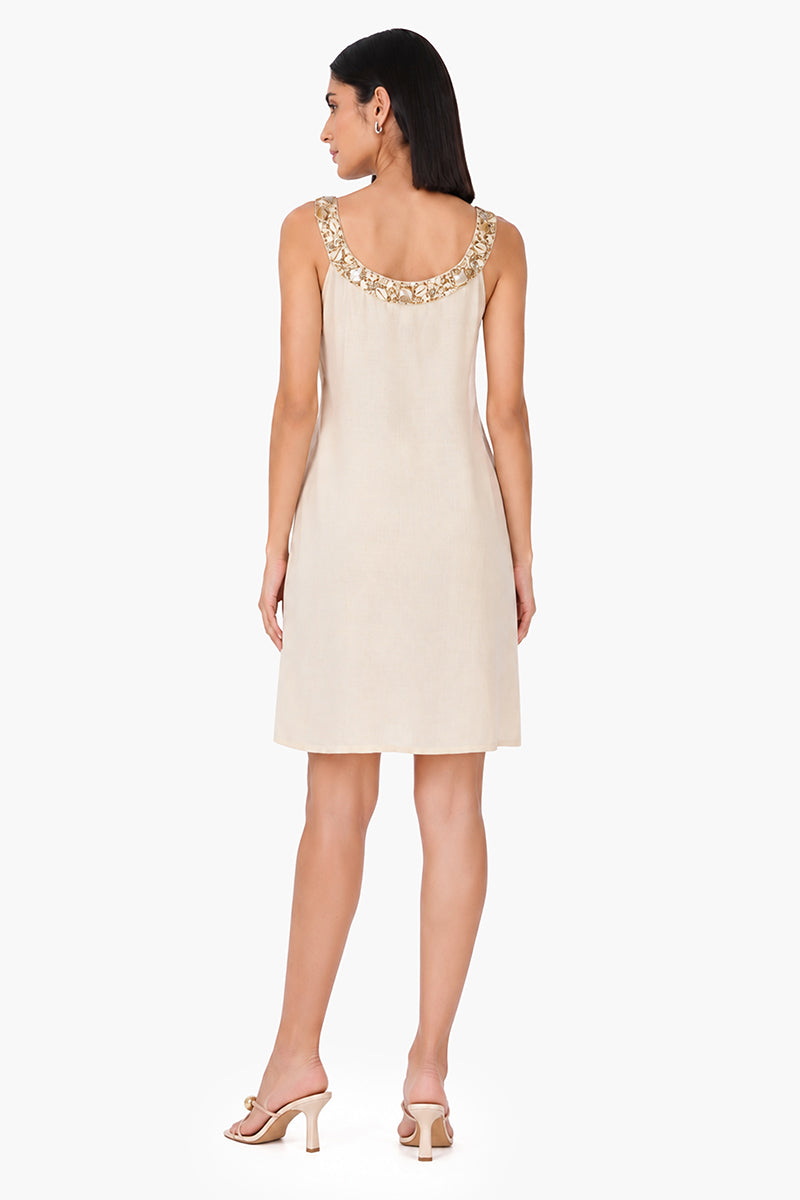 Beige Short Slip On Dress With Pearl Accent Neckline