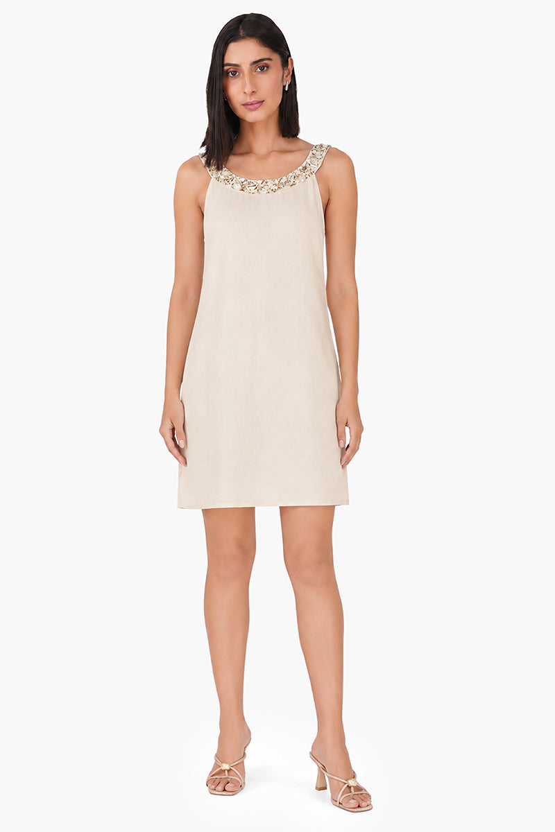 Beige Short Slip On Dress With Pearl Accent Neckline