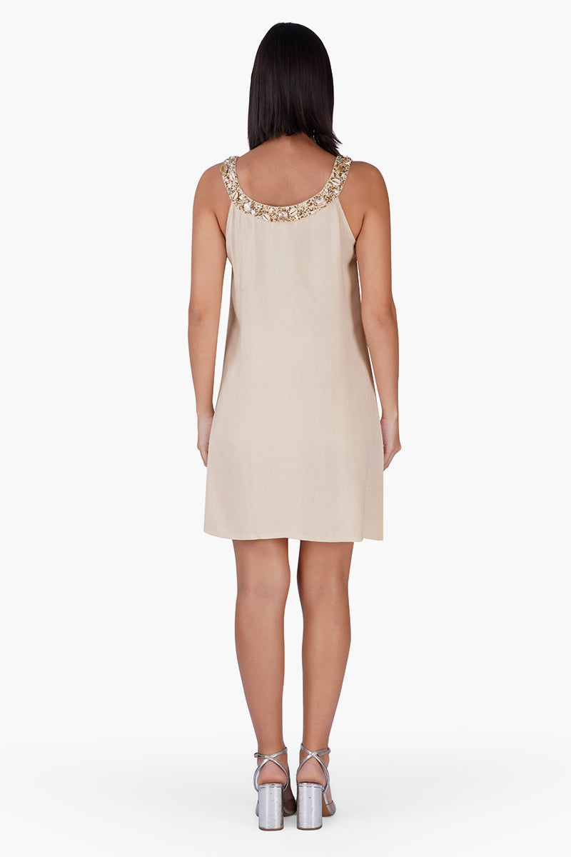 Beige Short Slip On Dress With Pearl Accent Neckline | View 6