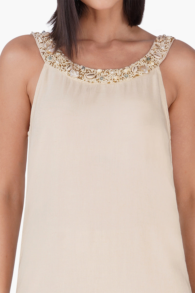 Beige Short Slip On Dress With Pearl Accent Neckline | View 5