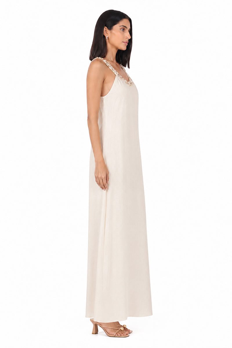 Beige Maxi Dress With Pearl Accent Neckline | View 3
