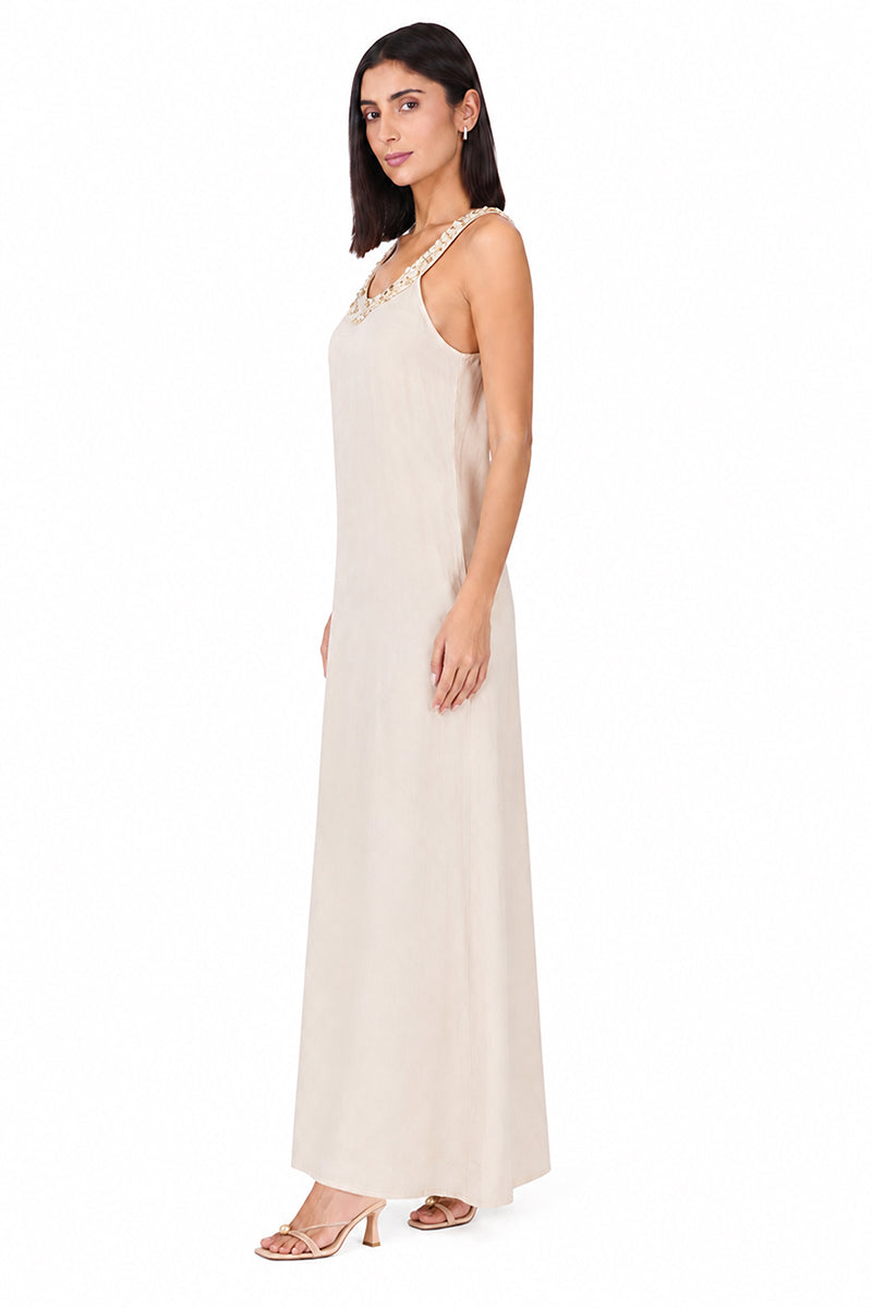 Beige Maxi Dress With Pearl Accent Neckline