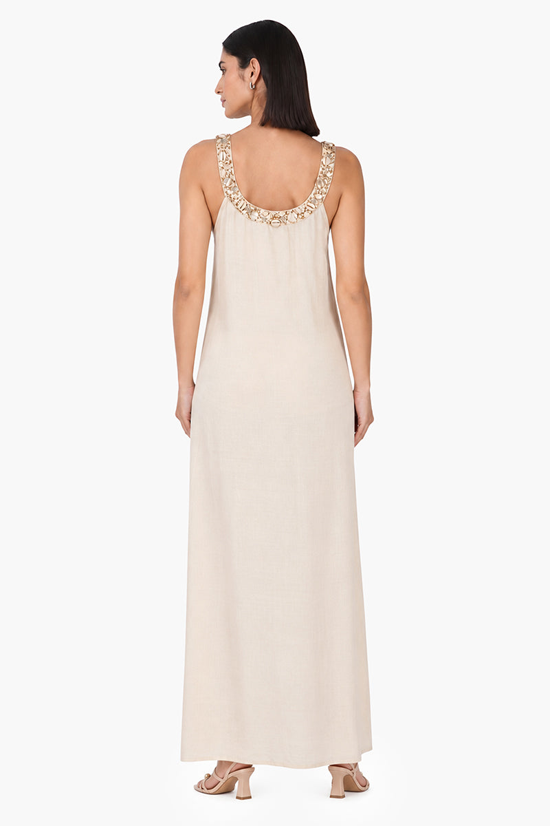 Beige Maxi Dress With Pearl Accent Neckline