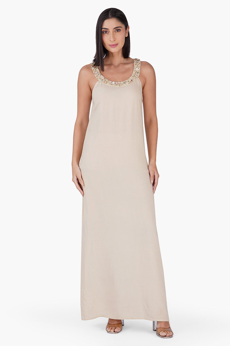 Beige Maxi Dress With Pearl Accent Neckline | View 2