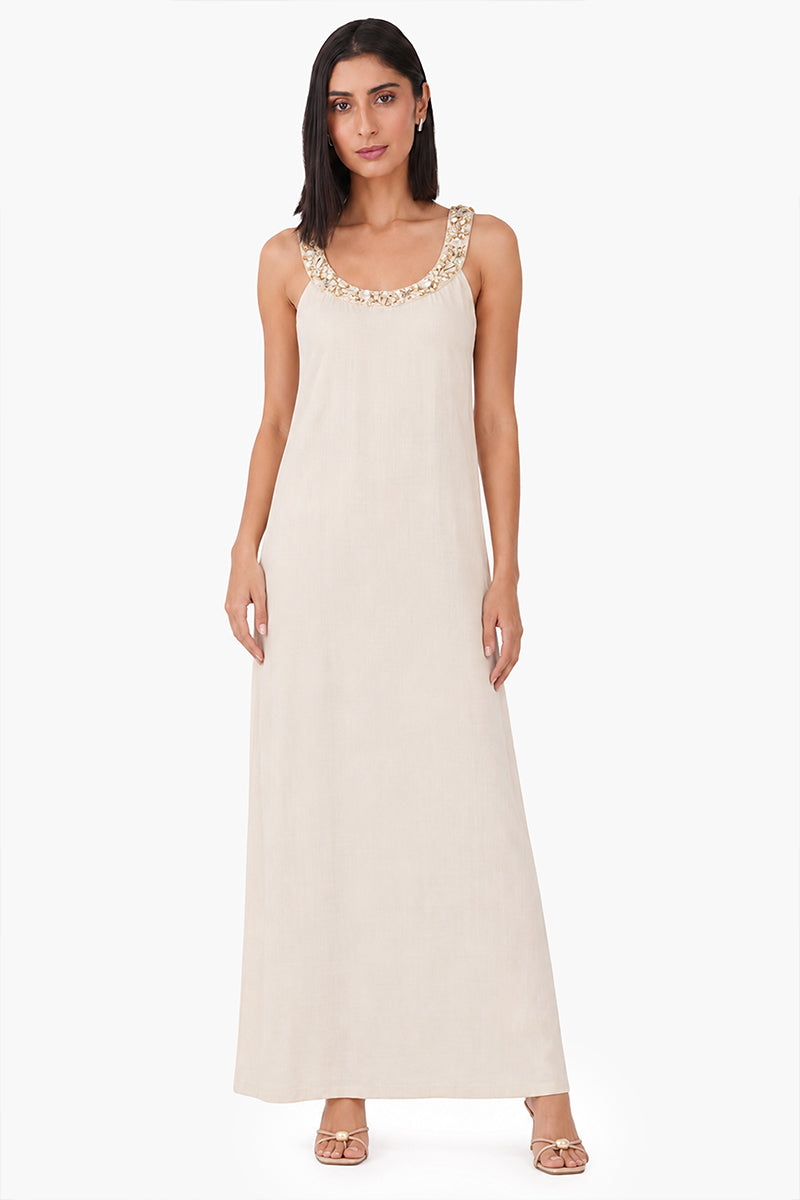 Beige Maxi Dress With Pearl Accent Neckline