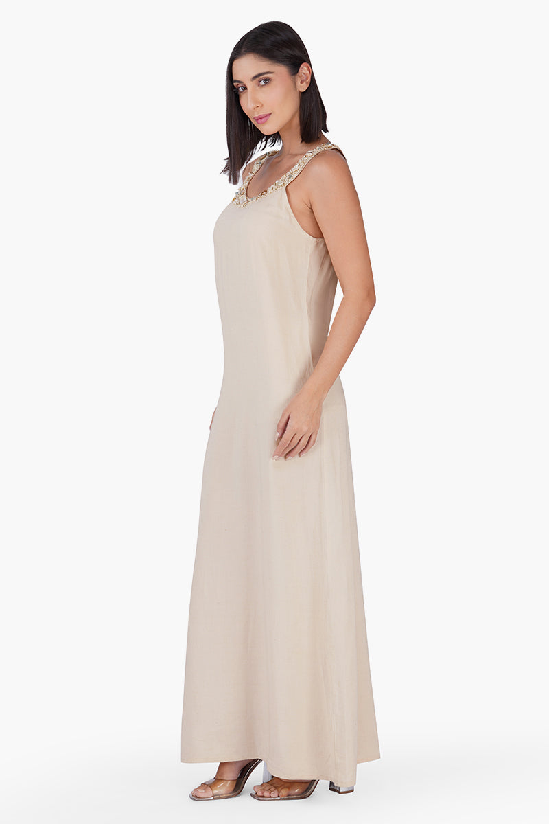 Beige Maxi Dress With Pearl Accent Neckline | View 4