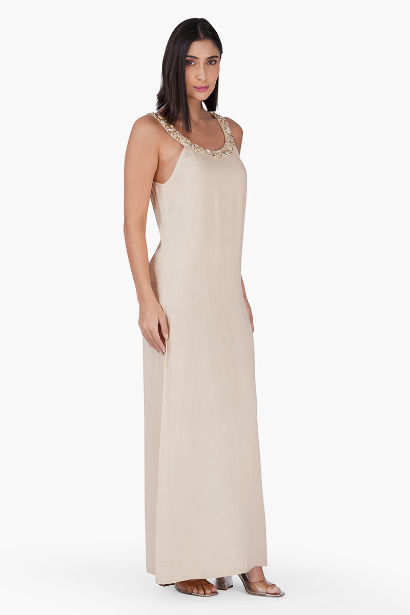Beige Maxi Dress With Pearl Accent Neckline