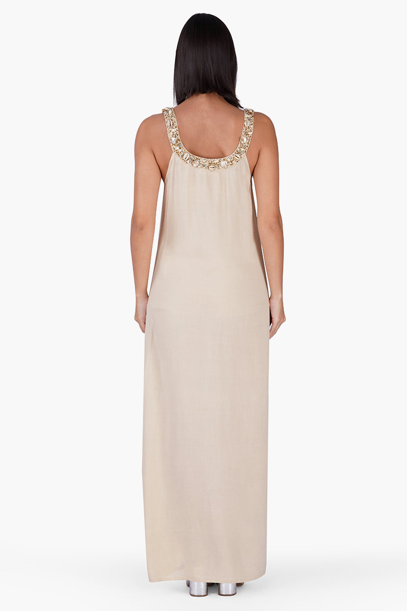 Beige Maxi Dress With Pearl Accent Neckline | View 5