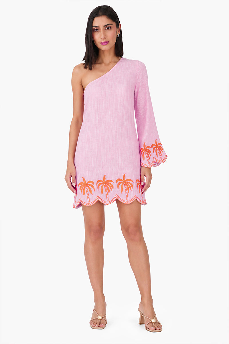 Preppy Palm Embroidered Cabana One Shoulder Dress