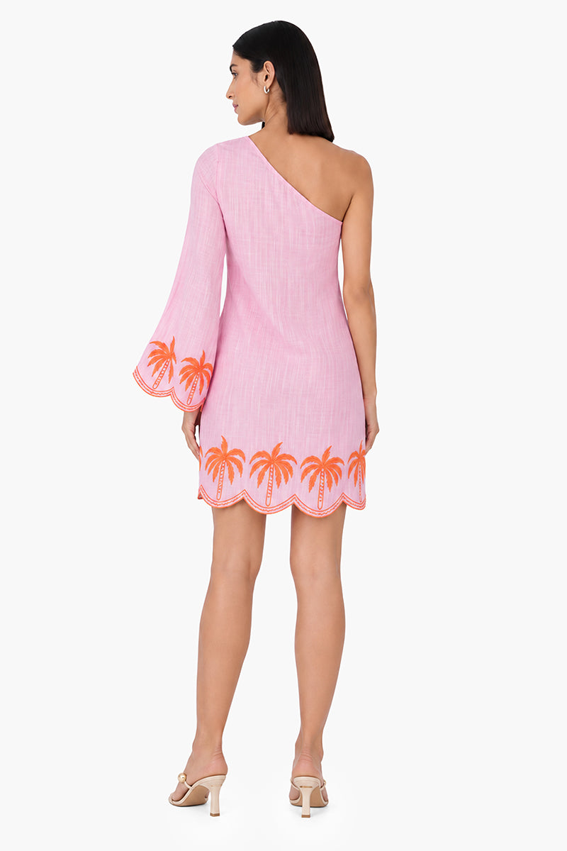 Preppy Palm Embroidered Cabana One Shoulder Dress