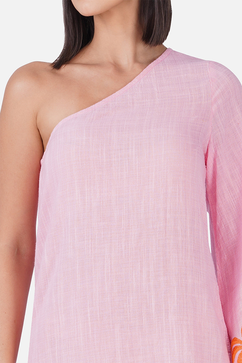 Preppy Palm Embroidered Cabana One Shoulder Dress