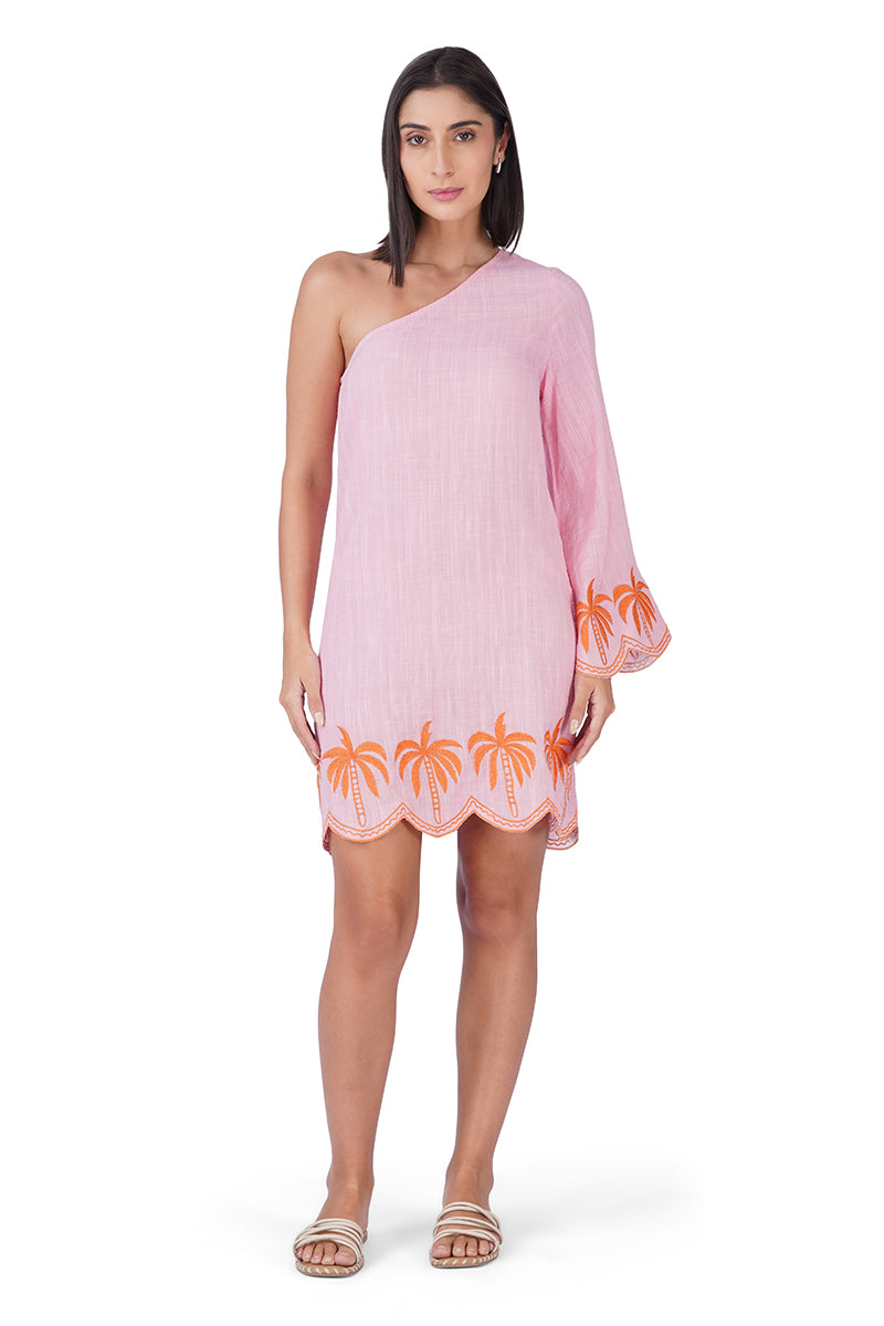 Preppy Palm Embroidered Cabana One Shoulder Dress | View 2