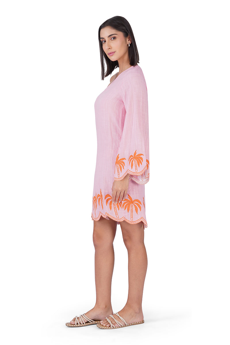Preppy Palm Embroidered Cabana One Shoulder Dress