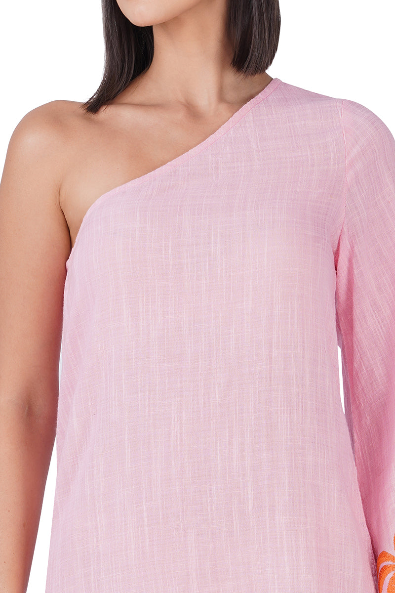 Preppy Palm Embroidered Cabana One Shoulder Dress