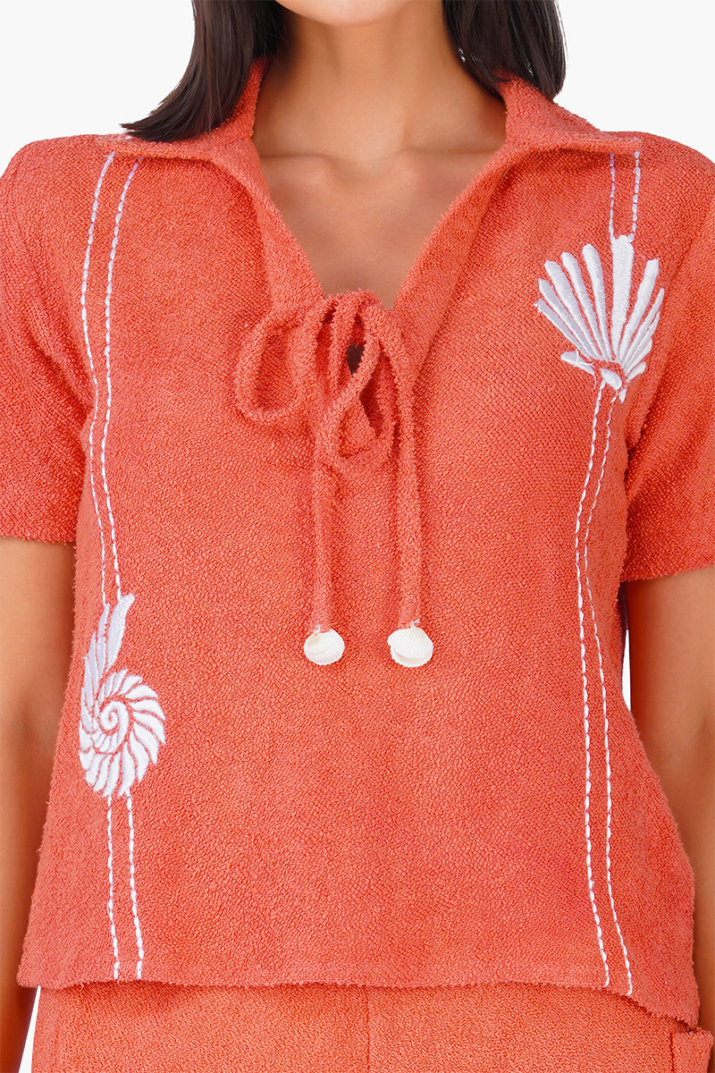 Coral Midsummer Terry Embroidered Top