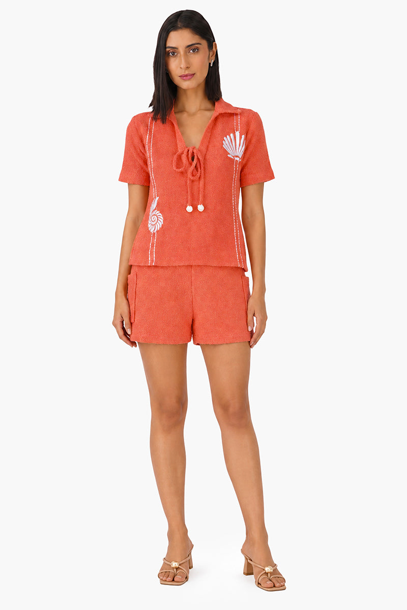 Coral Midsummer Terry Embroidered Top