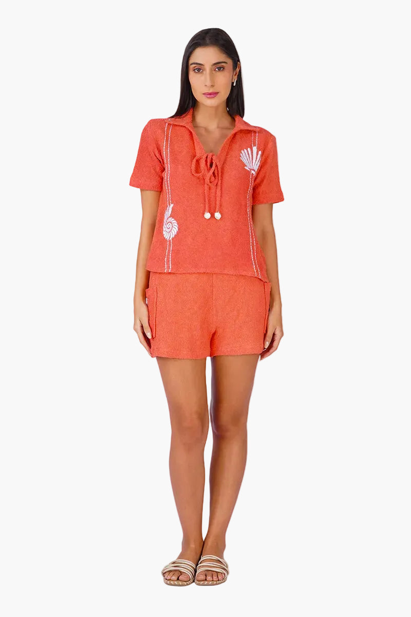 Coral Midsummer Terry Embroidered Top | View 1