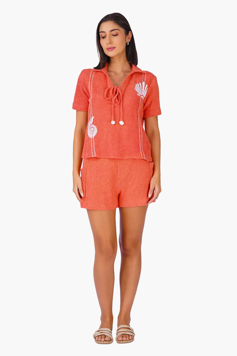 Coral Midsummer Terry Embroidered Shorts | View 2