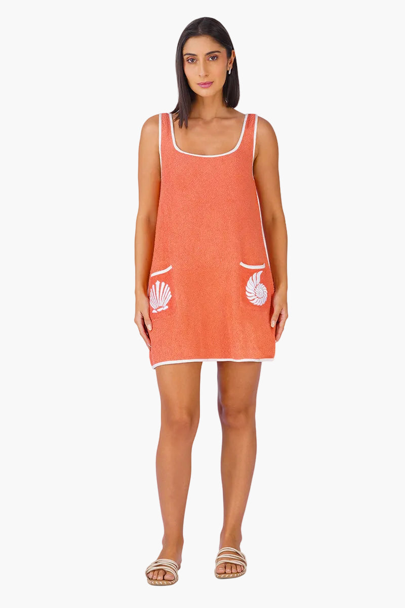 Coral Midsummer Terry Embroidered Slip On Dress