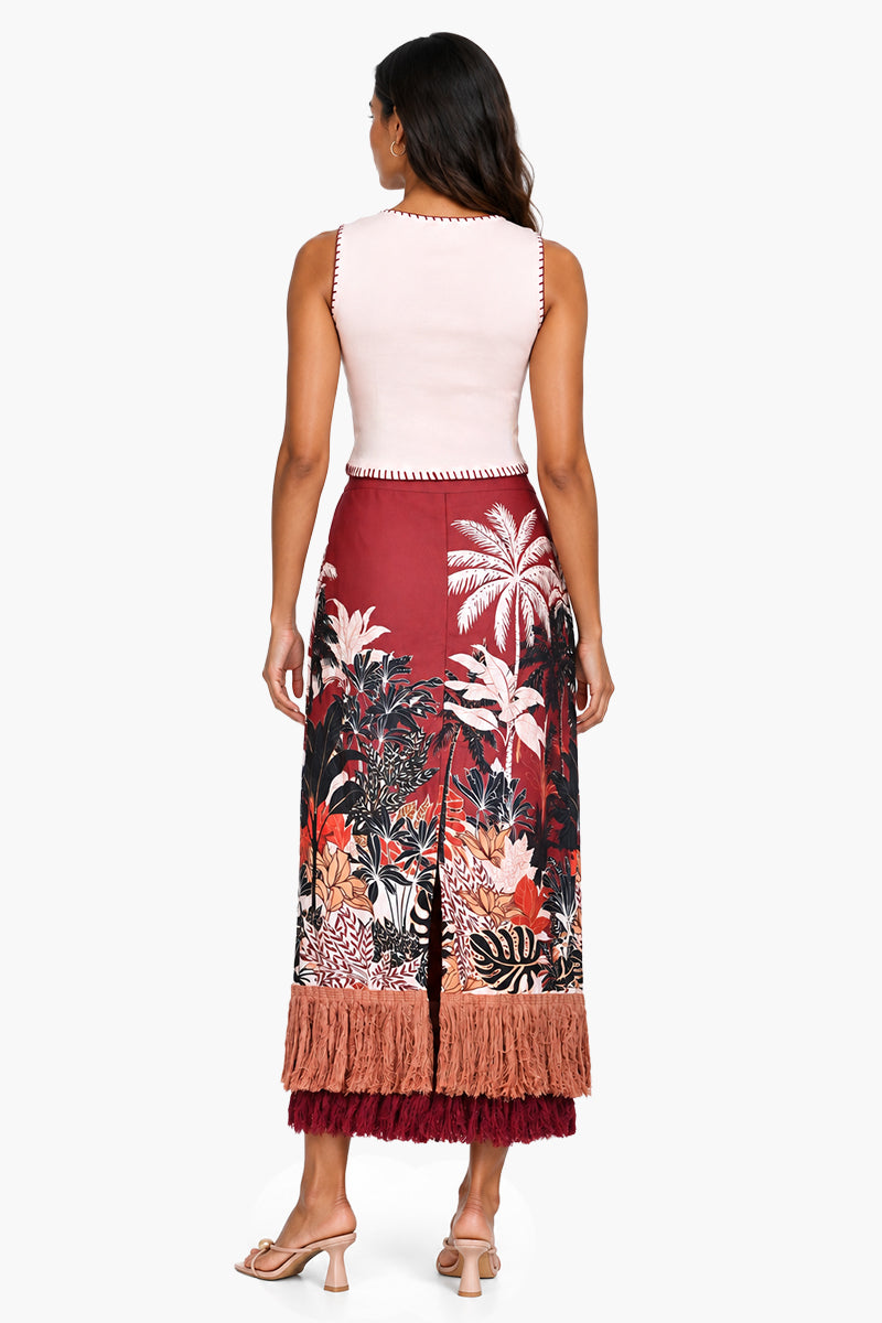 Tropical Placement Print Side-Zip Fringe Midi Skirt