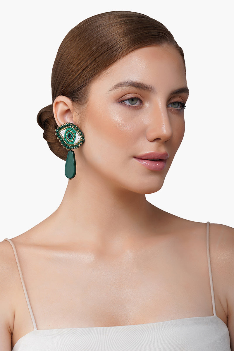 Emerald Evil Eye Beaded Earrings