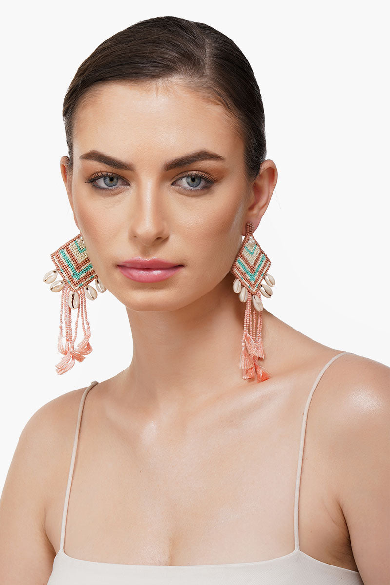 Rose Beaded Tassel Shell Earrings