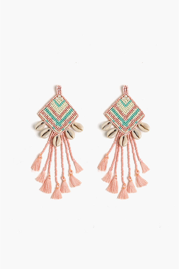 Rose Beaded Tassel Shell Earrings