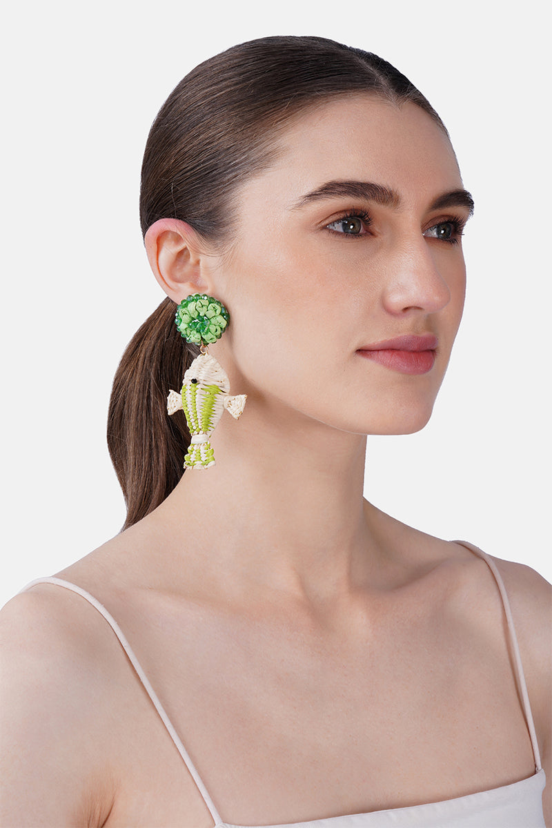 Coastal Fish Tale Raffia Hand-Beaded Statement Earrings | view 2