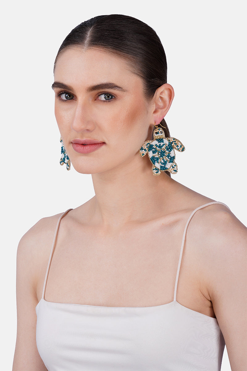 Sea Turtle Ocean Life Hand-Beaded Statement Earrings