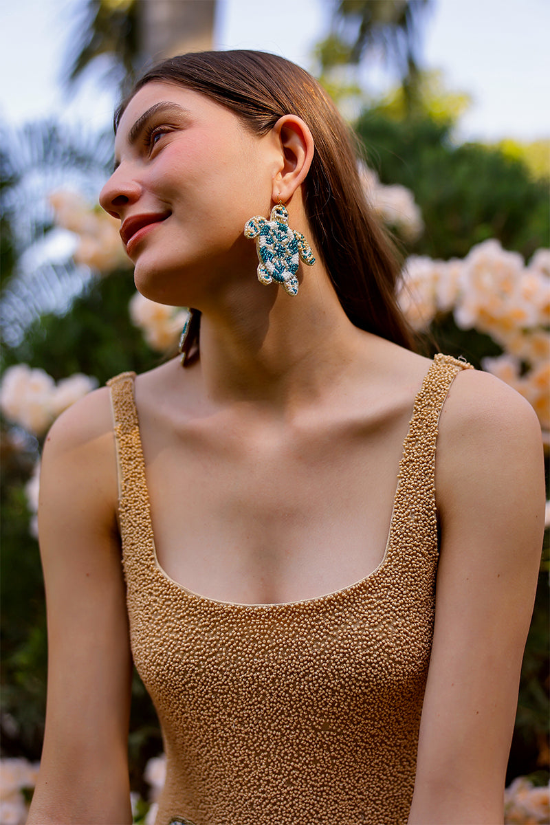 Sea Turtle Ocean Life Hand-Beaded Statement Earrings