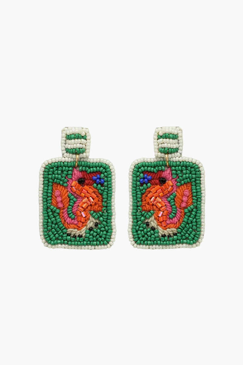 Pair of beaded earrings with a fox design on a white background