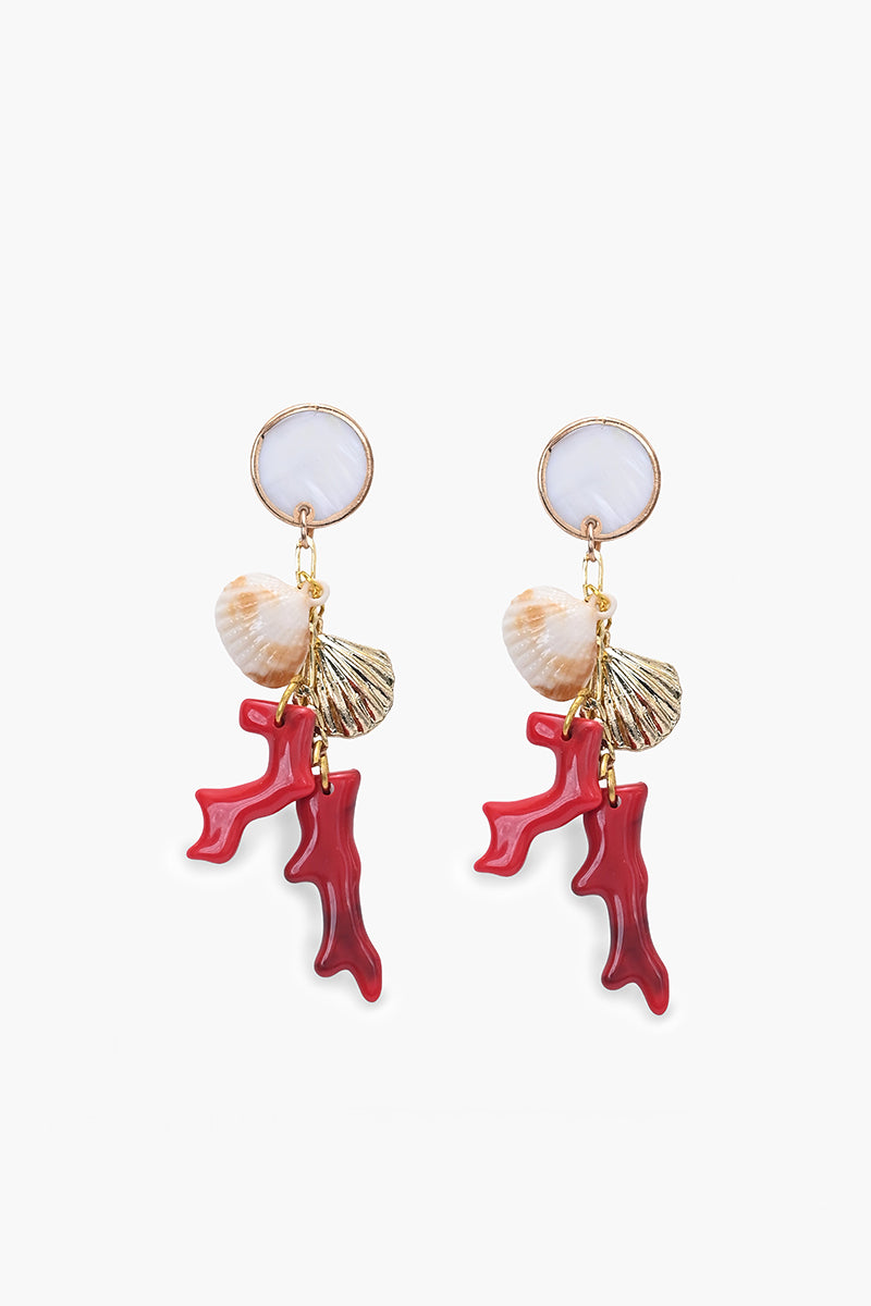 Gold Shell & Red Coral Reef Statement Earrings | View 2