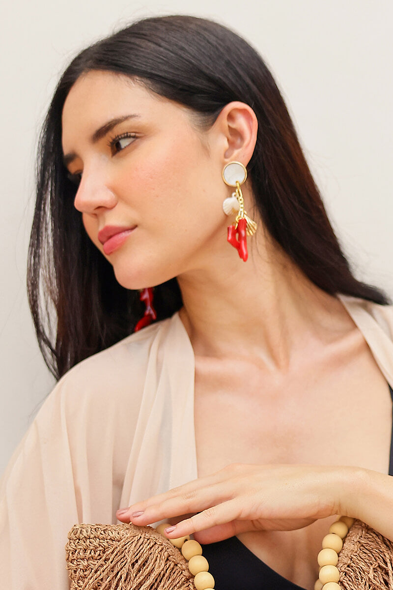 Gold Shell & Red Coral Reef Statement Earrings | View 1