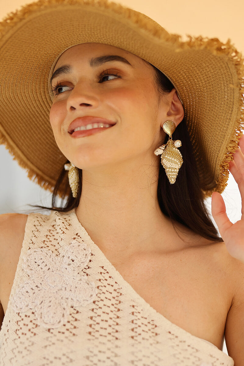 Pearl Conch Shell Statement Drop Earrings | View 1