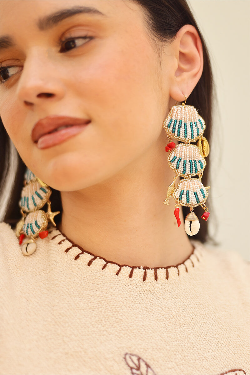 Beaded Shell Tiered Statement Drop Earrings | View 1