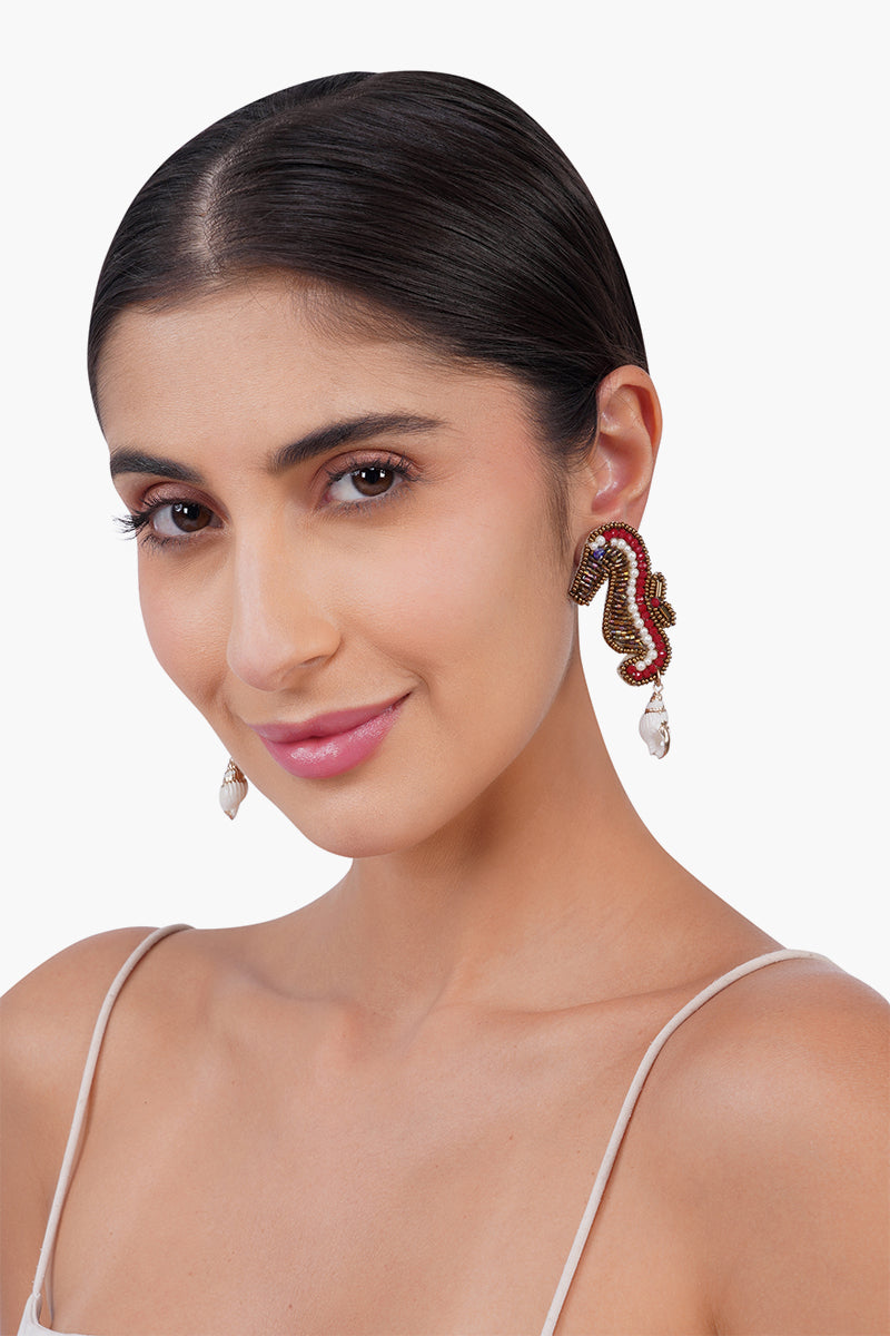 Beaded Seahorse Coastal Statement Earrings | View 2