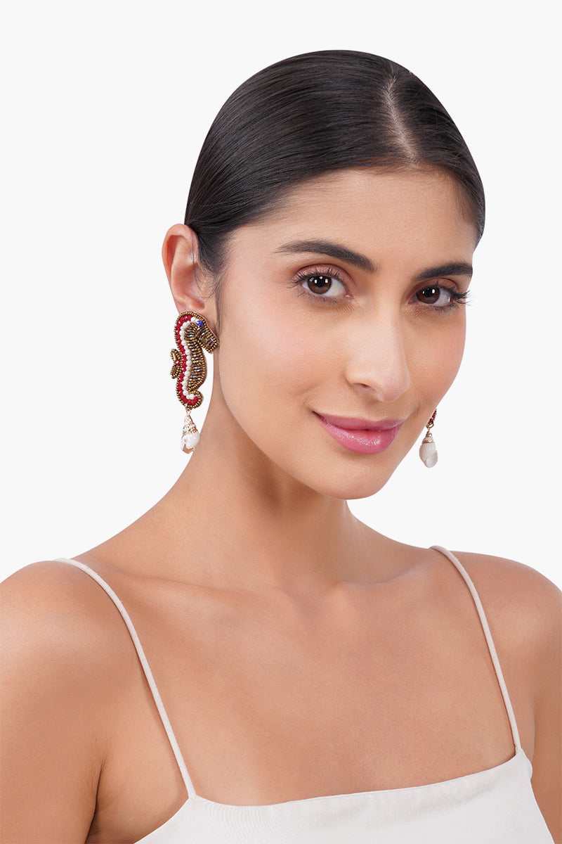 Beaded Seahorse Coastal Statement Earrings | View 3