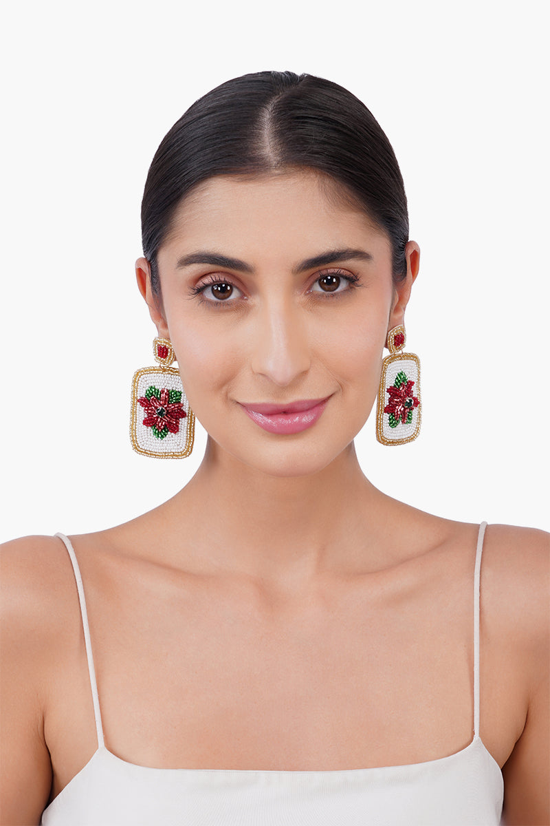 Poinsettia Bloom Mahjong  Beaded Drop Earrings | view 2
