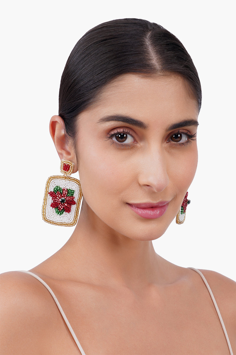 Poinsettia Bloom Mahjong  Beaded Drop Earrings | View 3